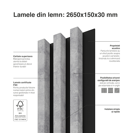 Panou decorativ Linea Slim, 3 lamele, MDF, gri urban/negru, interior, 265 x 15 cm