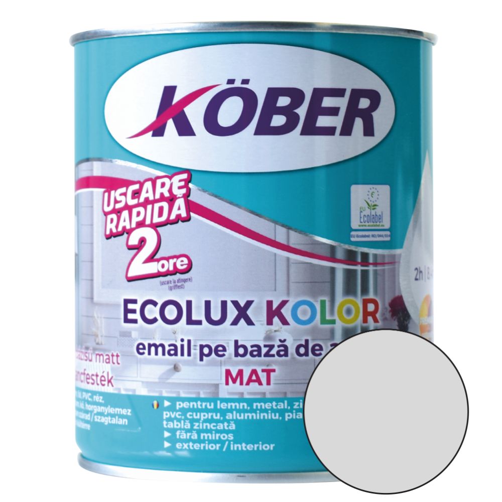 Email Kober Ecolux, pentru lemn/metal, interior/exterior, pe baza de apa, mat, gri deschis, 0.6 l 0.6