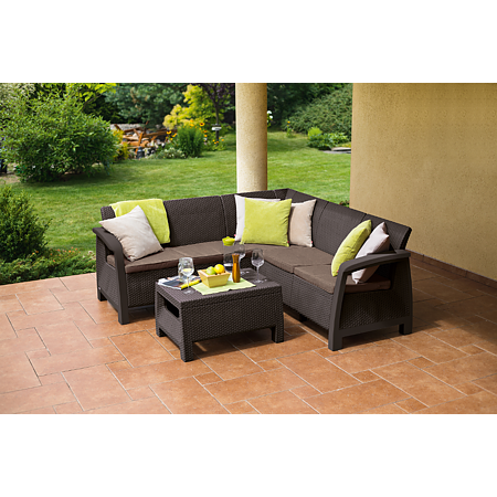Set mobilier de gradina, 2 piese, coltar, Keter Bahamas Relax, plastic, canapea 182 x 182 x 79 cm, masa 77 x 57 x 42 cm, maro Set mobilier de gradina, 2 piese, coltar, Keter Bahamas Relax, plastic, canapea 182 x 182 x 79 cm, masa 77 x 57 x 42 cm, maro
