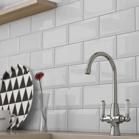 Faianta bucatarie Metro White Bevelled Glossy, alb, lucios, uni, 20 x 10 cm