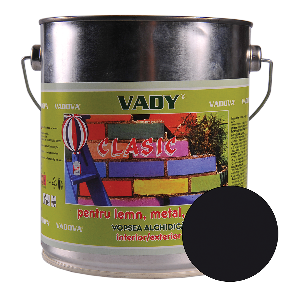 Vopsea alchidica Vady clasic, pentru lemn/metal/zidarie, interior/exterior, negru, 3 kg