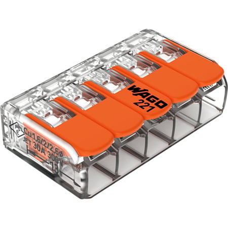 Conector imbinare cu parghii Wago Push Wire 221-413, pentru conductori unifilari, 5 x 6 mmp, 32 A, transparent, 6 bucati