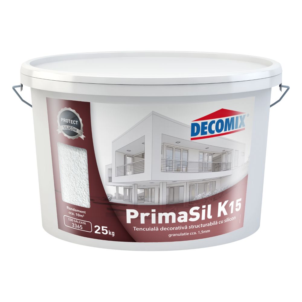 Tencuiala decorativa siliconica Decomix PrimaSil, aspect praf de piatra, granulatie 1.5 mm, interior/exterior, alb, 25 kg 1.5