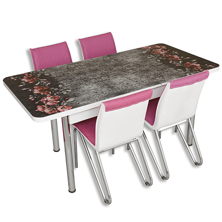 Set masa extensibila, 4 scaune, negru/flori maro, roz, alb