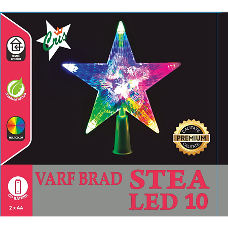 Varf brad tip stea Craciun, Cris, 10 LED-uri multicolore, 15,5 cm, alimentare baterii 