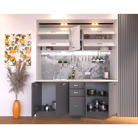 Mobila de bucatarie City, alb-gri, pal melaminat, lungime 2 m Mobila de bucatarie City, alb-gri, pal melaminat, lungime 2 m