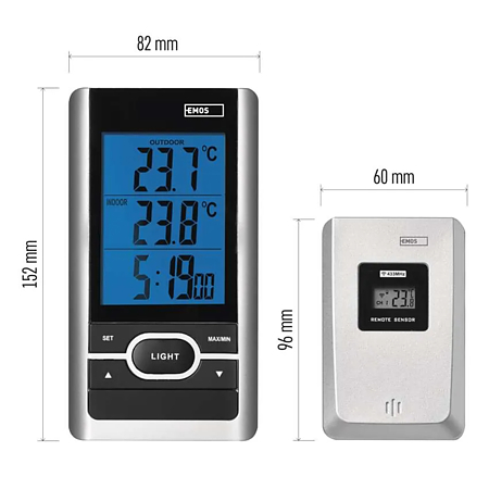 Statie meteo digitala Emos E0107, wireless, exterior/interior, senzor de exterior, functie de memorie, plastic, negru/gri, 25 × 82 × 152 mm