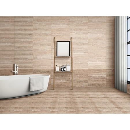 Faianta baie rectificata glazurata Travertine Natural, bej, mat, aspect de marmura, 60 x 30 cm