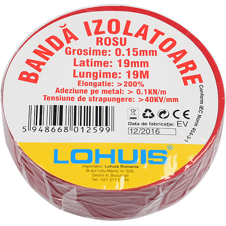 Banda izolatoare electrica PVC Lohuis, rosu, 19 mm, rola 10 m