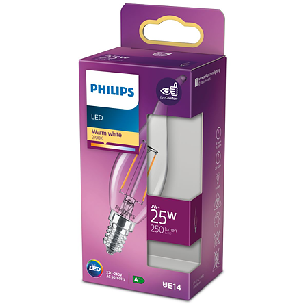 Bec LED lumanare nedirectionala Philips, E14, 2 - 25W, alb, lumina calda 2700 K