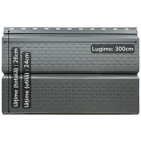 Lambriu metalic perforat Saturn, gri, RAL 7024, mat structurat, grosime 0.45 mm, 3 x 0.26 m
