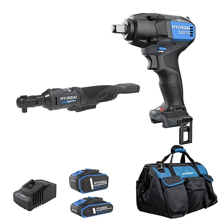 Set Masina de insurubat cu impact brushless Hyundai Solo IW20X-350Nm + Cheie cu clichet brushless Hyundai Solo RW20S-47Nm, 1 acumulator 20V 2Ah, 1 acumulator 20V 4Ah, incarcator, geanta transport