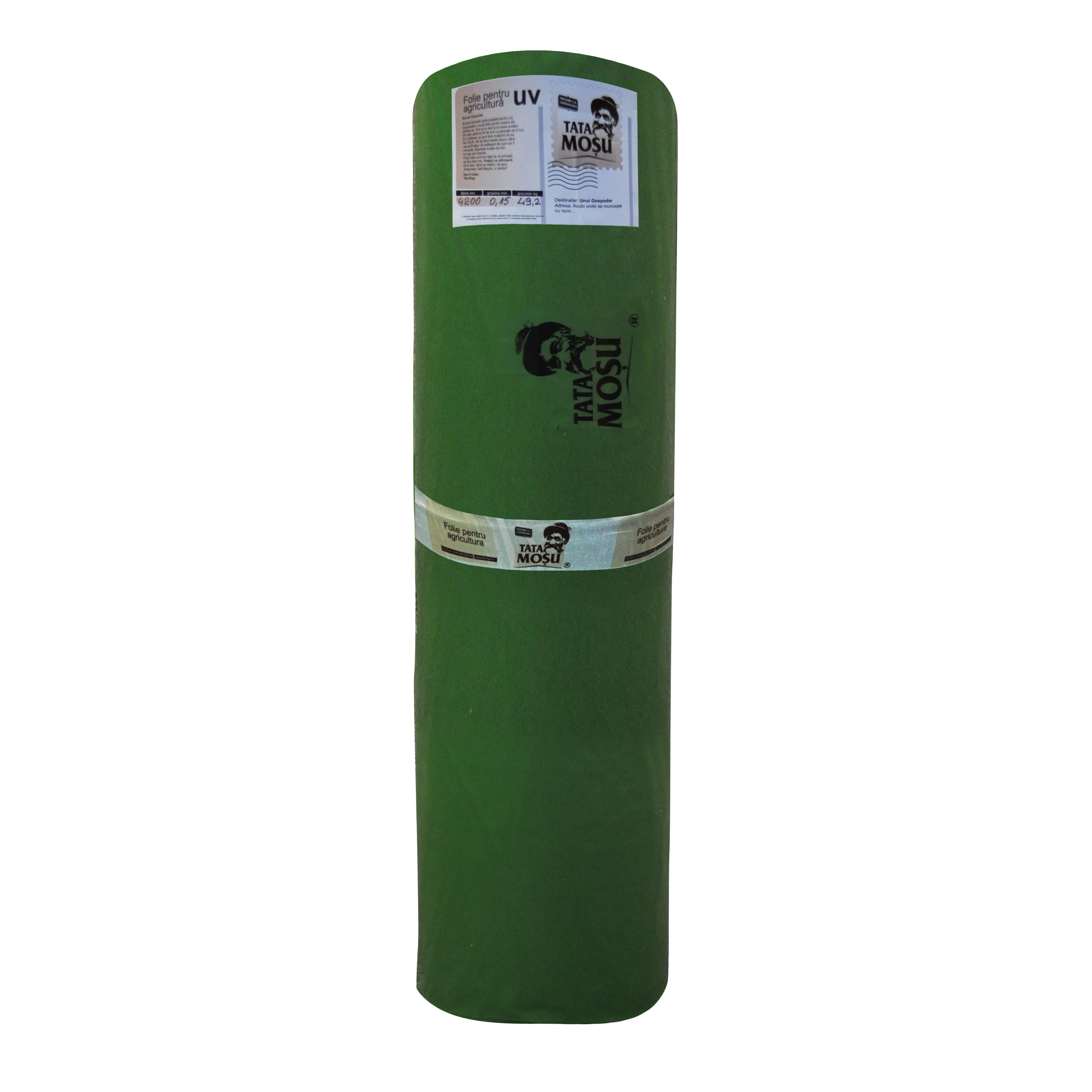 Folie polietilena Tata Mosu, 0.15 mm grosime, PE reciclat+UV, verde, latime 10.2 m 0.15