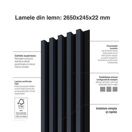 Panou decorativ Linea Comfort, 5 lamele, decor stejar, bleumarin, suport placaj negru, interior, 265 x 24,6 x 3 cm