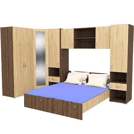 Dormitor modern Madrid, PAL melaminat, pat + 2 x dulap + 2 x corp lateral + corp suspendat, stejar bronze/lemn natural