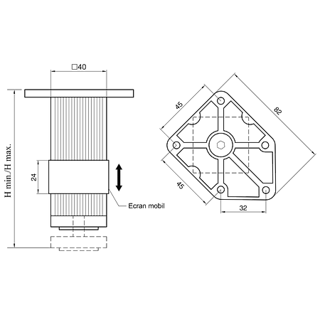 Picior patrat cu flansa pentagon, finisaj aluminiu, 40 mm