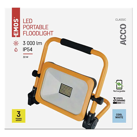 Proiector portabil reîncărcabil Emos ACCO, 5V, 30W, lumină rece, IP44, 3000 lm