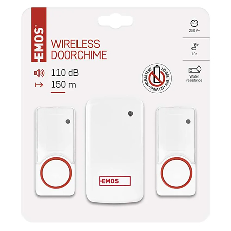 Sonerie wireless 2 butoane Emos P5720.2T, 150 m, IP44, 10 melodii