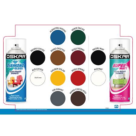 Vopsea spray pentru lemn / metal / ceramica Oskar Diamond Gloss, galben solar RAL 1023, lucios, interior/exterior, 400 ml