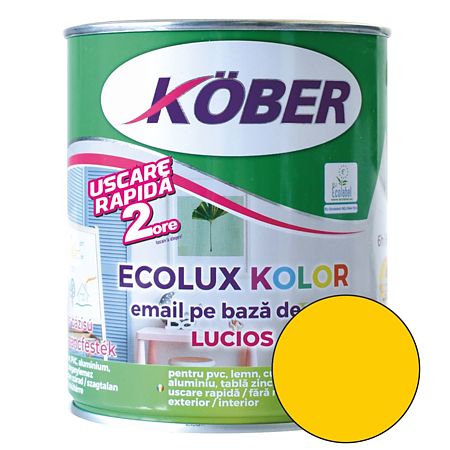 Email Kober Ecolux Kolor, pentru lemn/metal, interior/exterior, pe baza de apa, galben lucios, 0.6 l