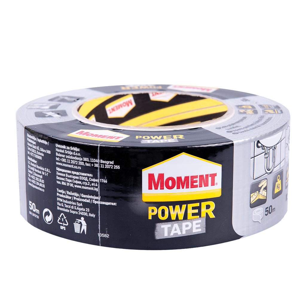 Banda adeziva, pentru reparatii, Moment Power Tape din polietilena si panza, argintiu, 48 mm x 50 m