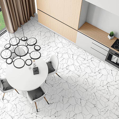 Gresie interior/ exterior Hexa, mat, alb, PEI 4, R9, marmura, hexagonala, 21.5 x 25 cm