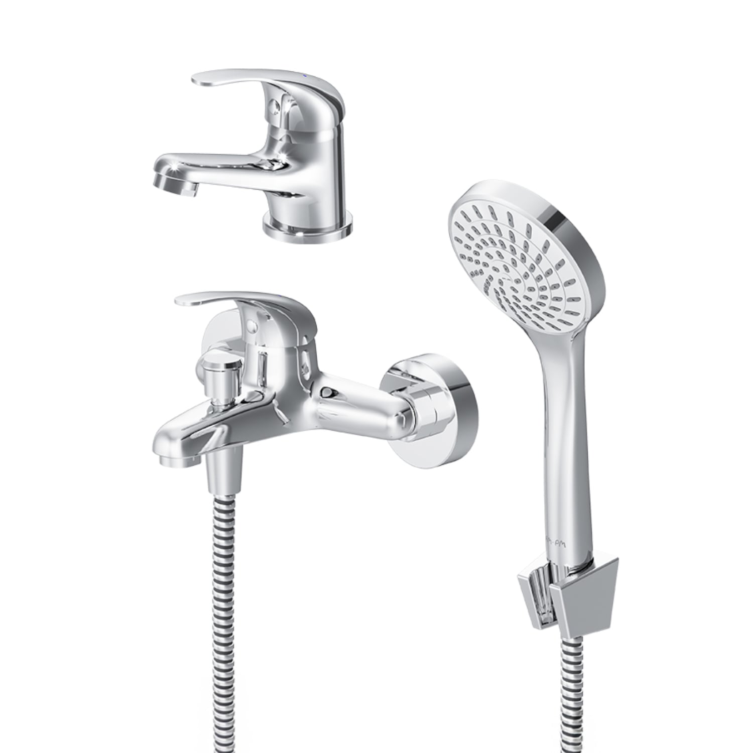 Set 3 in 1 AM.PM Play F4098301, baterie monocomanda pentru lavoar + baterie pentru cada si dus + set de dus cu para si furtun de 150 cm si suport fiabil, finisaj cromat Everlast
