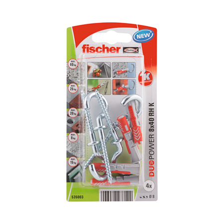 Diblu cu surub cap carlig Fischer Duopower, nylon, 8 x 40 mm, 4 bucati