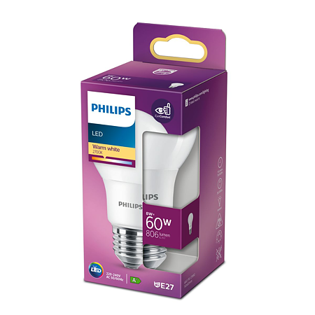 Bec LED Philips, E27, 8 - 60W, alb, lumina calda 2700 K