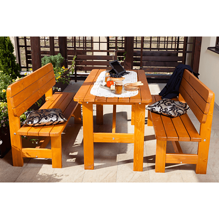 Set gradina masa si 2 banci Bucin Mob Robusto, dreptunghiulare, lemn masiv rasinoase, 1.5 x 0.7 m
