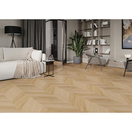 Pardoseala SPC 4,5 mm Afirmax Chevron stejar Arvada, impermeabila, nuanta medie, clasa de trafic 32, sistem imbinare clic 5G, montaj tip chevron placi A si B, 600 x 120 mm