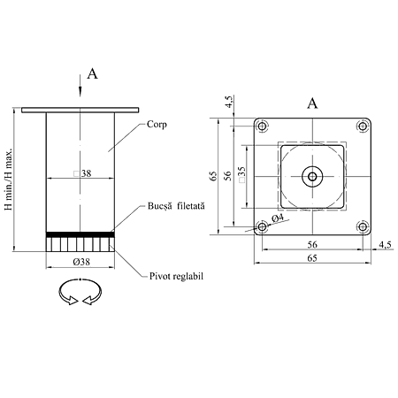Picior patrat crom TL031 38 x 38 x 80 mm