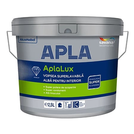 Vopsea superlavabila interior, AplaLux, alb, 2.5 l