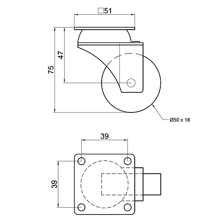 Rotila carucior, metal+ plastic, cauciuc, gri, cu flansa 50 x 75 mm