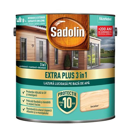 Lazrua lemn Sadolin Extra Plus 3 in1, interior/exterior, incolor, 2.5 l