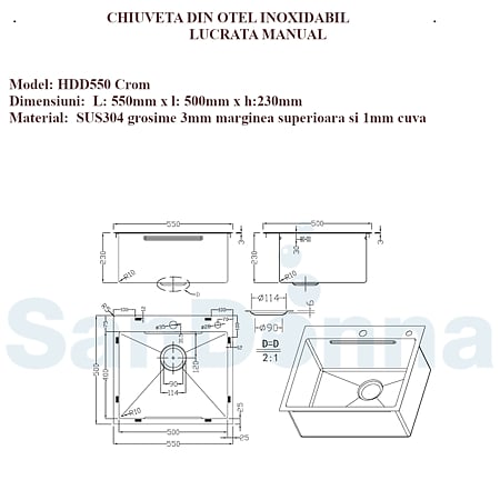 Chiuveta bucatarie Sandonna Handmade HD5550, inox, 1 cuva, 50 x 55 cm