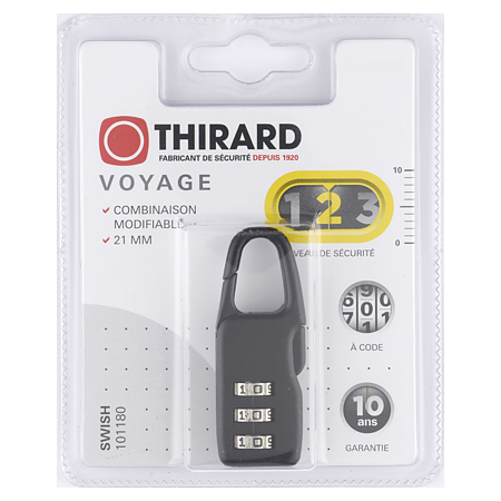 Lacat cu cifru pentru bagaje Thirard Balcani, alama, negru, inaltime toarta 17 mm, dimensiuni 21 mm x 60 mm