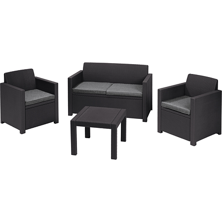 Set mobilier de gradina, 4 piese, Keter Alabama, plastic, 2 scaune 65 x 67 x 77cm, canapea 129 x 67 x 77 cm, masa 59 x 59 x 43cm, gri antracit