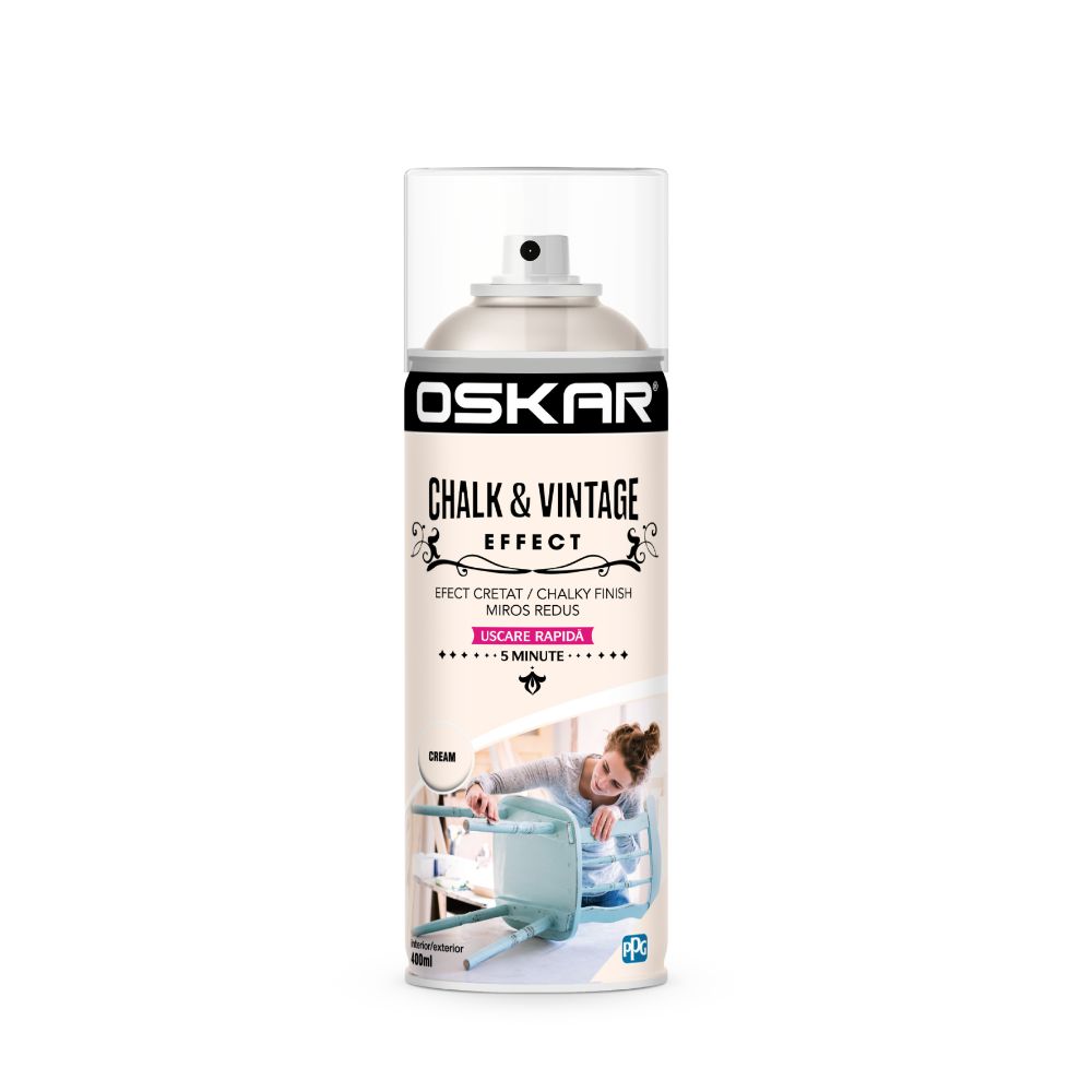 Vopsea spray pentru lemn / metal chalk & vintage efect Oskar, cream, mat, interior/exterior, 400 ml 400