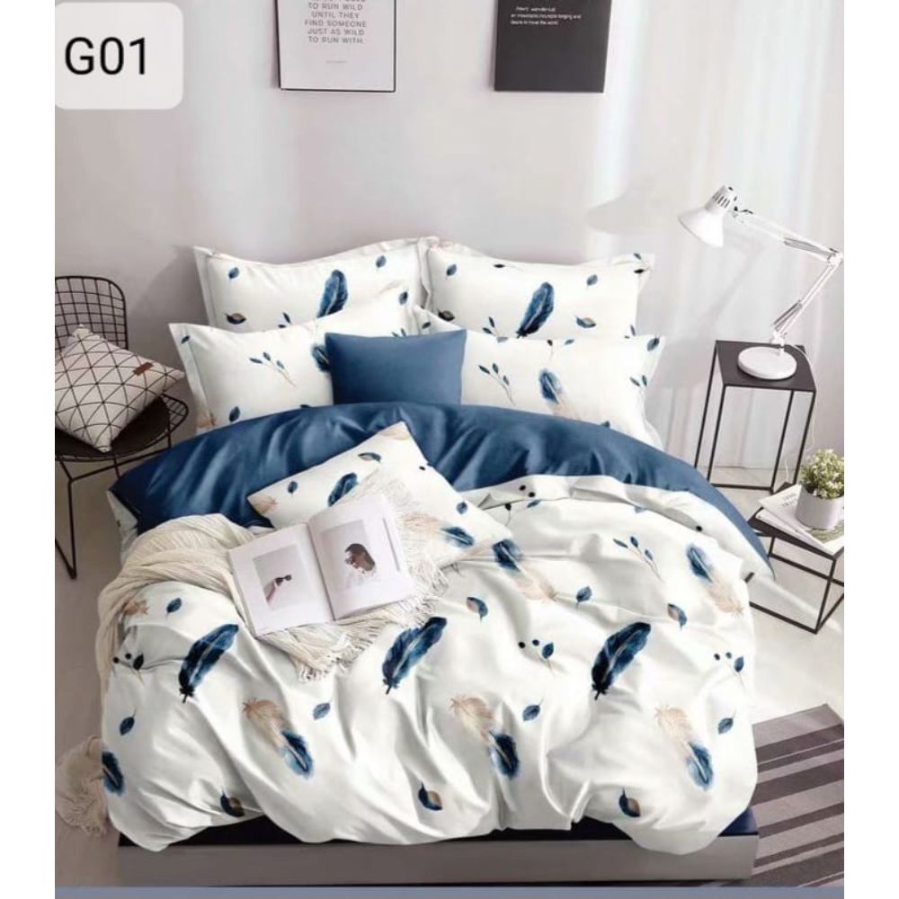 Lenjerie de pat, 2 persoane, Poly G01, microfibra 100%, 4 piese, alb + albastru, model pene 100