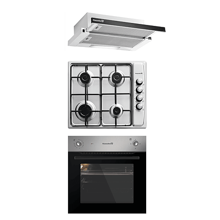 Set Hausberg Cuptor electric HB-8043, 1600 W, 57 l, Plita incorporabila HB-555, gaz, 4 arzatoare, inox, gri/negru si Hota telescopica HB-1285, 2 motoare, 2 x 95W, 420 m³/h, 60 cm