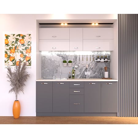 Mobila de bucatarie New - City PAL melaminat, alb/gri, blat inclus, lungime 2 m