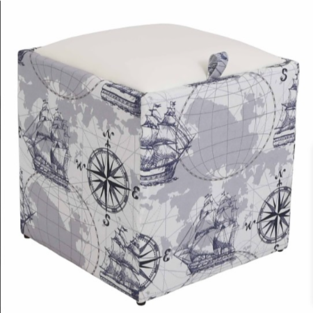 Taburet Box piele ecologica, microfibra, gri/alb, cu depozitare, 37 x 37 x 42 cm