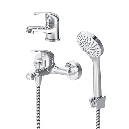 Set 3 in 1 AM.PM Play F4098301, baterie monocomanda pentru lavoar + baterie pentru cada si dus + set de dus cu para si furtun de 150 cm si suport fiabil, finisaj cromat Everlast