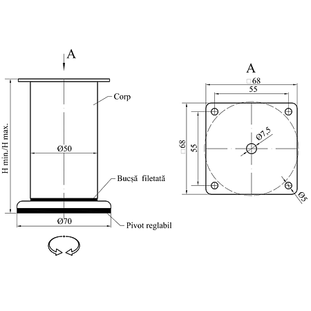 Picior rotund crom CL004 D50 x 50 mm Picior rotund crom CL004 D50 x 50 mm