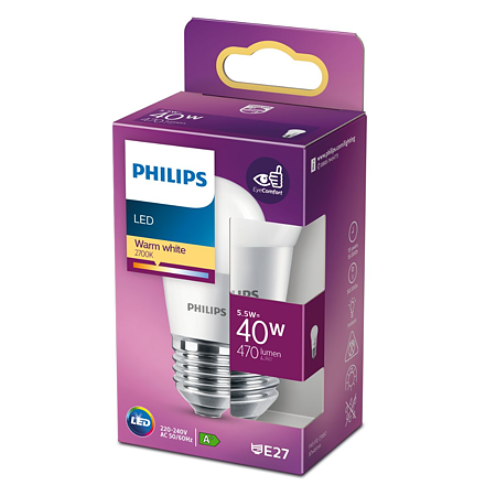 Bec LED lustra Philips, E27, 5.5 - 40W, alb, lumina calda 2700 K