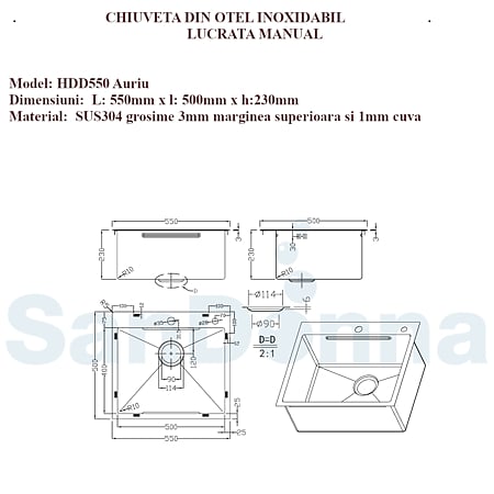 Chiuveta bucatarie Sandonna Handmade HD5550, inox auriu, 1 cuva, 50 x 55 cm