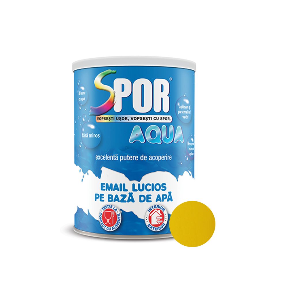 Email lucios Spor Aqua, pentru lemn/metal, interior/exterior, pe baza de apa, galben, 0.7 l