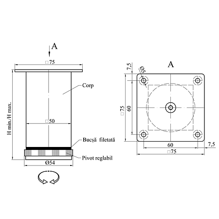 Picior patrat satin-argint TL037 50 x 50 x 50 mm