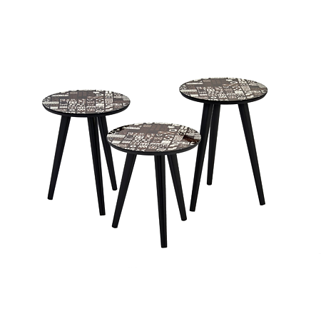 Set 3 mese de cafea Ela, MDF melaminat + lemn, maro + alb + negru, 51.5 x 38 cm, 46.5 x 38 cm, 42 x 38 cm